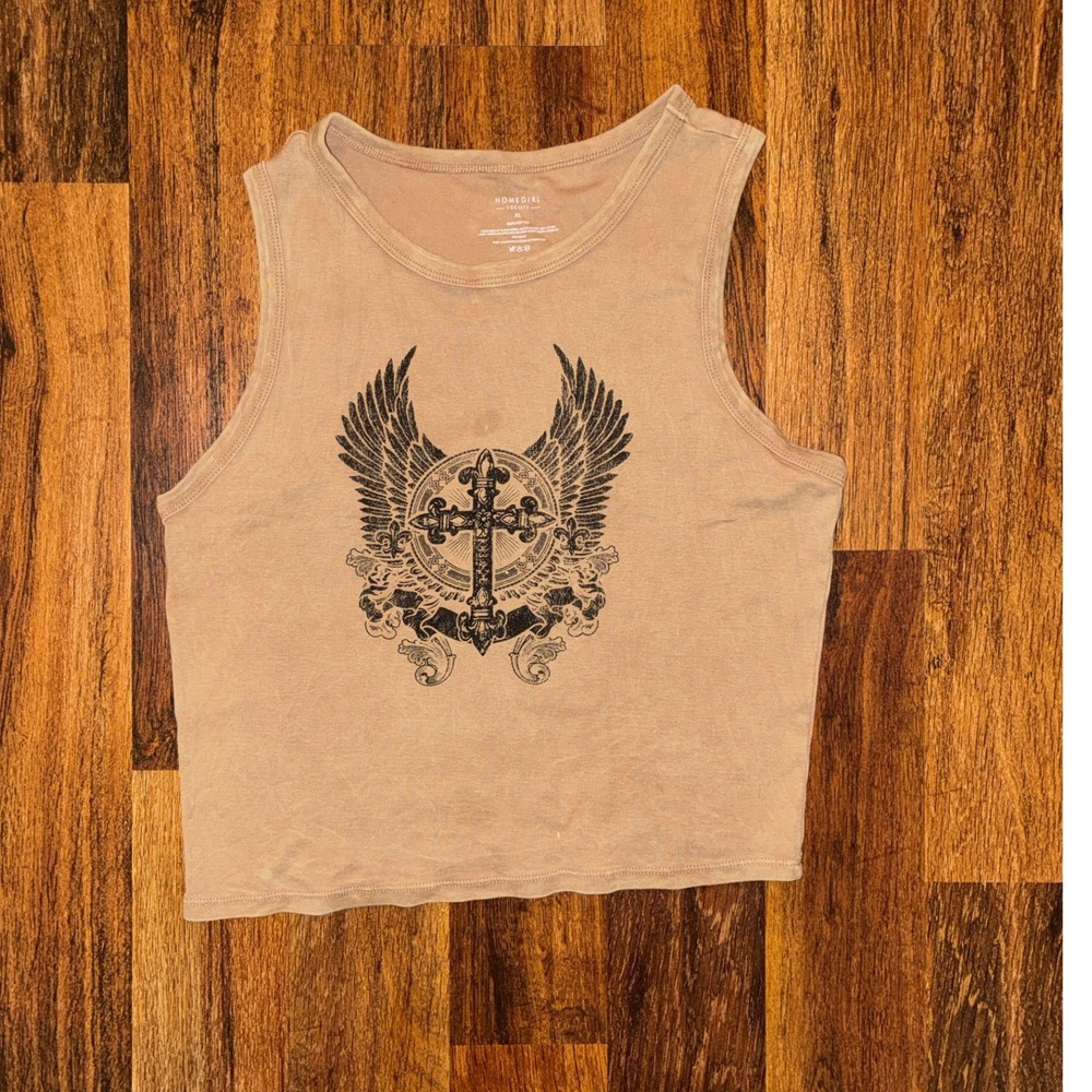 Homegirl Society Tan Graphic Crop Tank Top Winged Cross Fleur-De-Lis XL